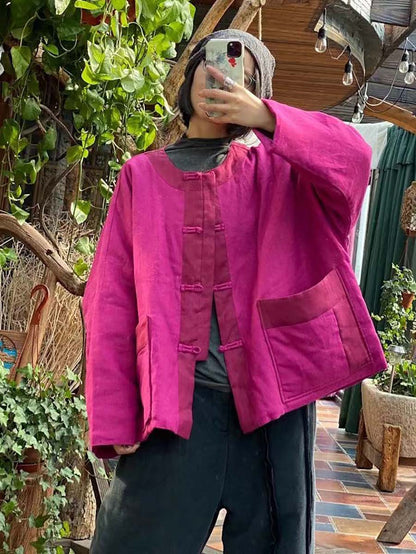 Women Vintage 100%Linen Solid Button Short Coat