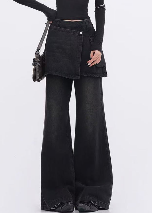 Modern Black False Two Pieces Patchwork Denim Flared Trousers Spring