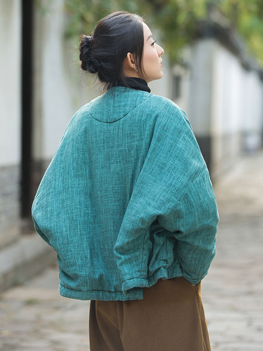 Women Winter Artsy Worn Solid Button Pocket Linen Coat