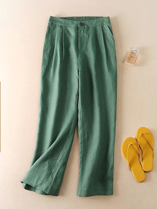 High Waist Solid Color Wide Leg Ninth Linen Pants