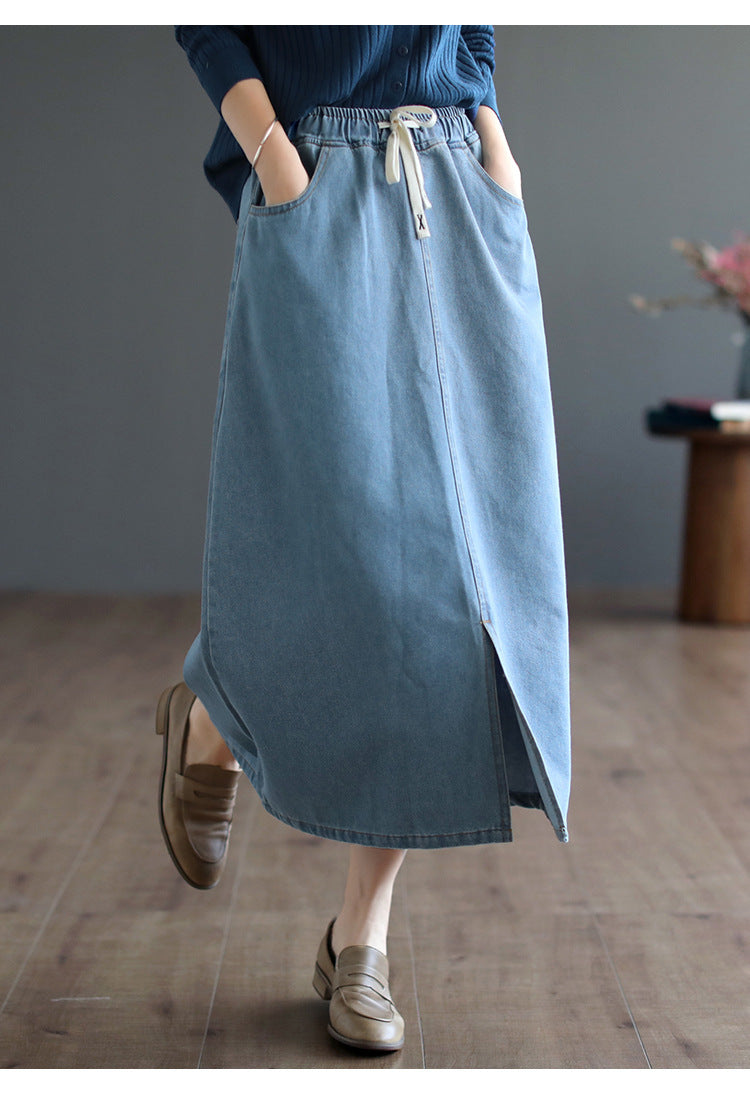 Literary All-Match Slit Denim Skirt