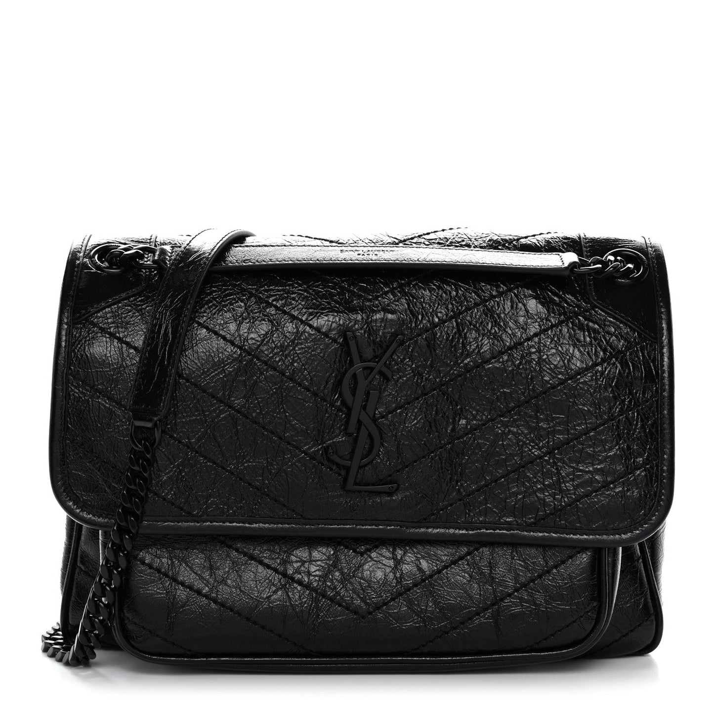 Crinkled Calfskin Matelasse Monogram Medium Niki Chain Satchel Black