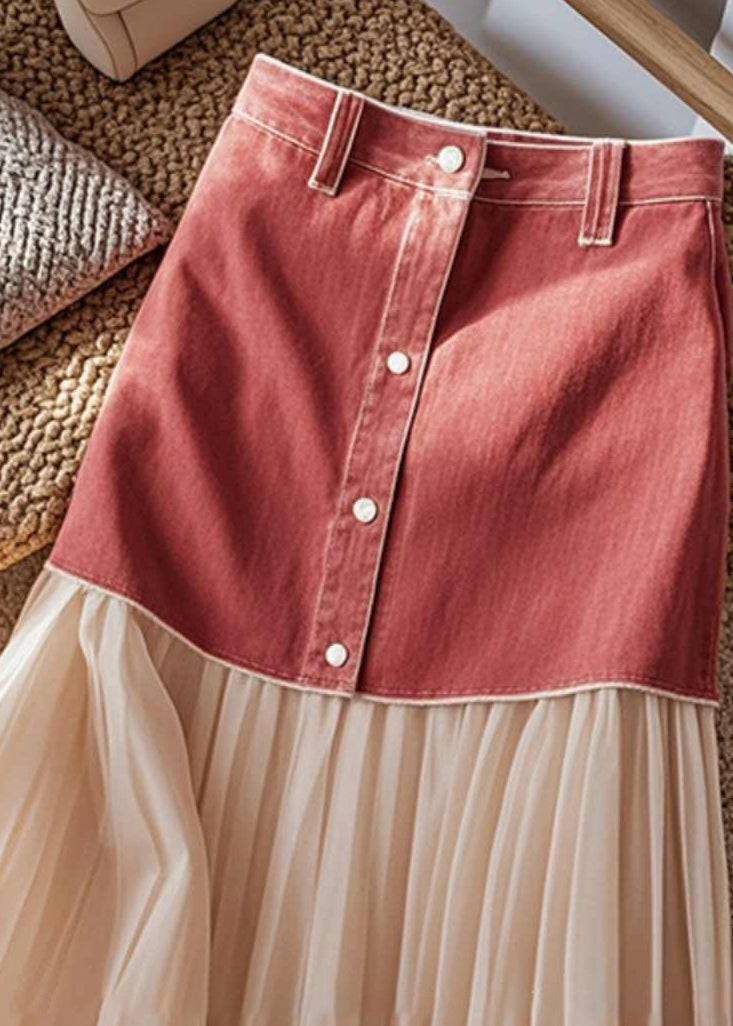 Art Colorblock Patchwork Button High Waist Maxi Skirt Spring