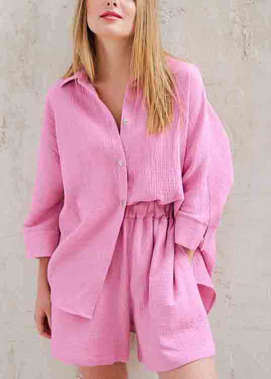 Art Solid Color Oversized Cotton Shirts And Shorts Two Pieces Set Long Sleeve