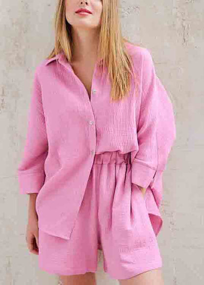 Art Solid Color Oversized Cotton Shirts And Shorts Two Pieces Set Long Sleeve