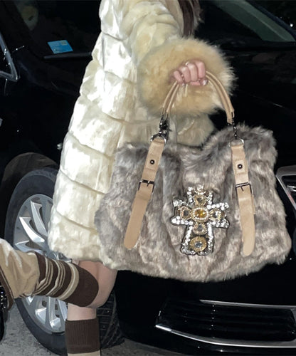 Fashion Khaki Zircon Large Capacity Mink Hair Tote Handbag