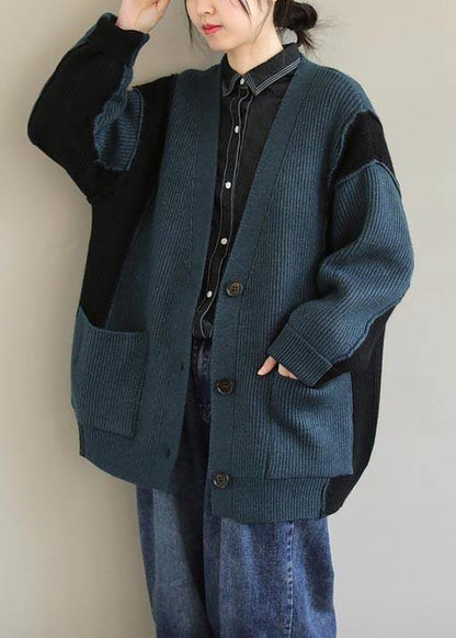 Oversized  Green Knit Sweat Tops Oversize V Neck Button Down Sweater Tops