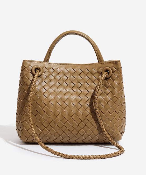 Fine Khaki Weave Design Solid Durable Leather Tote Handbag