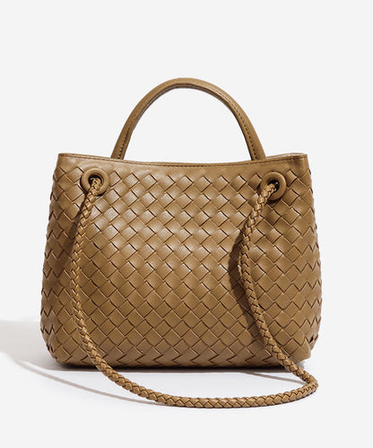 Fine Khaki Weave Design Solid Durable Leather Tote Handbag