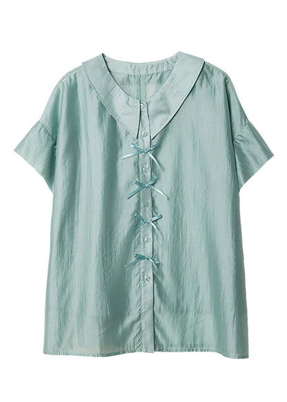 Plus Size Green Peter Pan Collar Bow Chiffon Blouses Batwing Sleeve