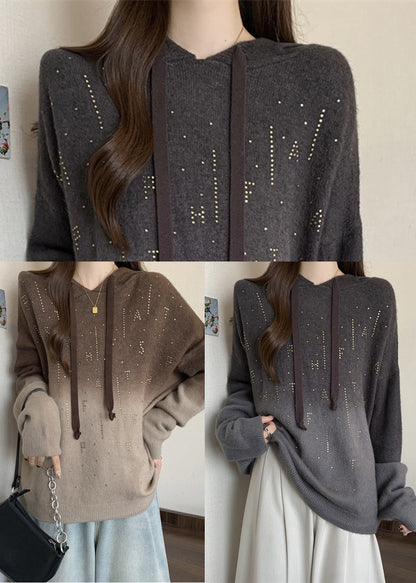 Women Grey Hooded Tie Dye Knit Pullover Sweatshirt Fall