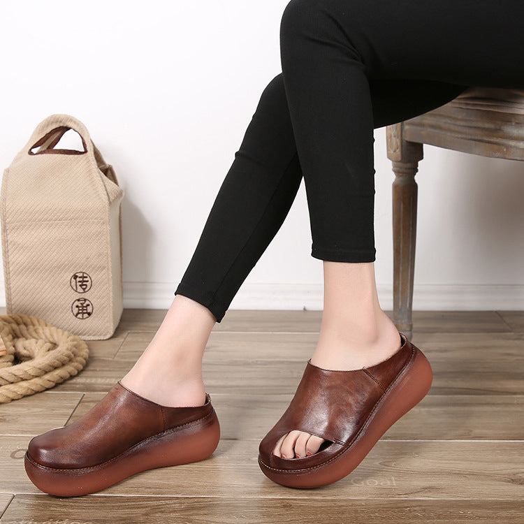 2022 Retro Women Leather Wedge Slippers