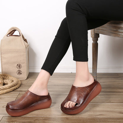 2022 Retro Women Leather Wedge Slippers