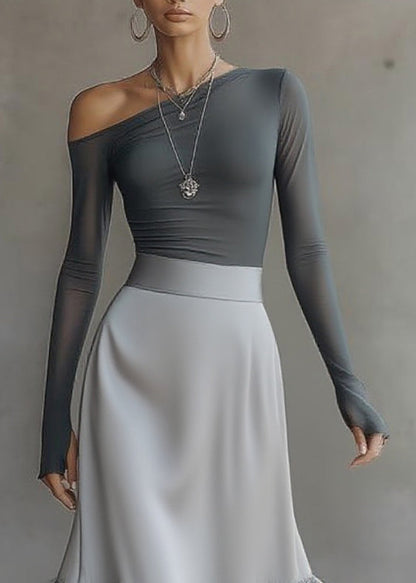 Style Grey Asymmetrical Top And A Line Skirts Two-Piece Set Spring
