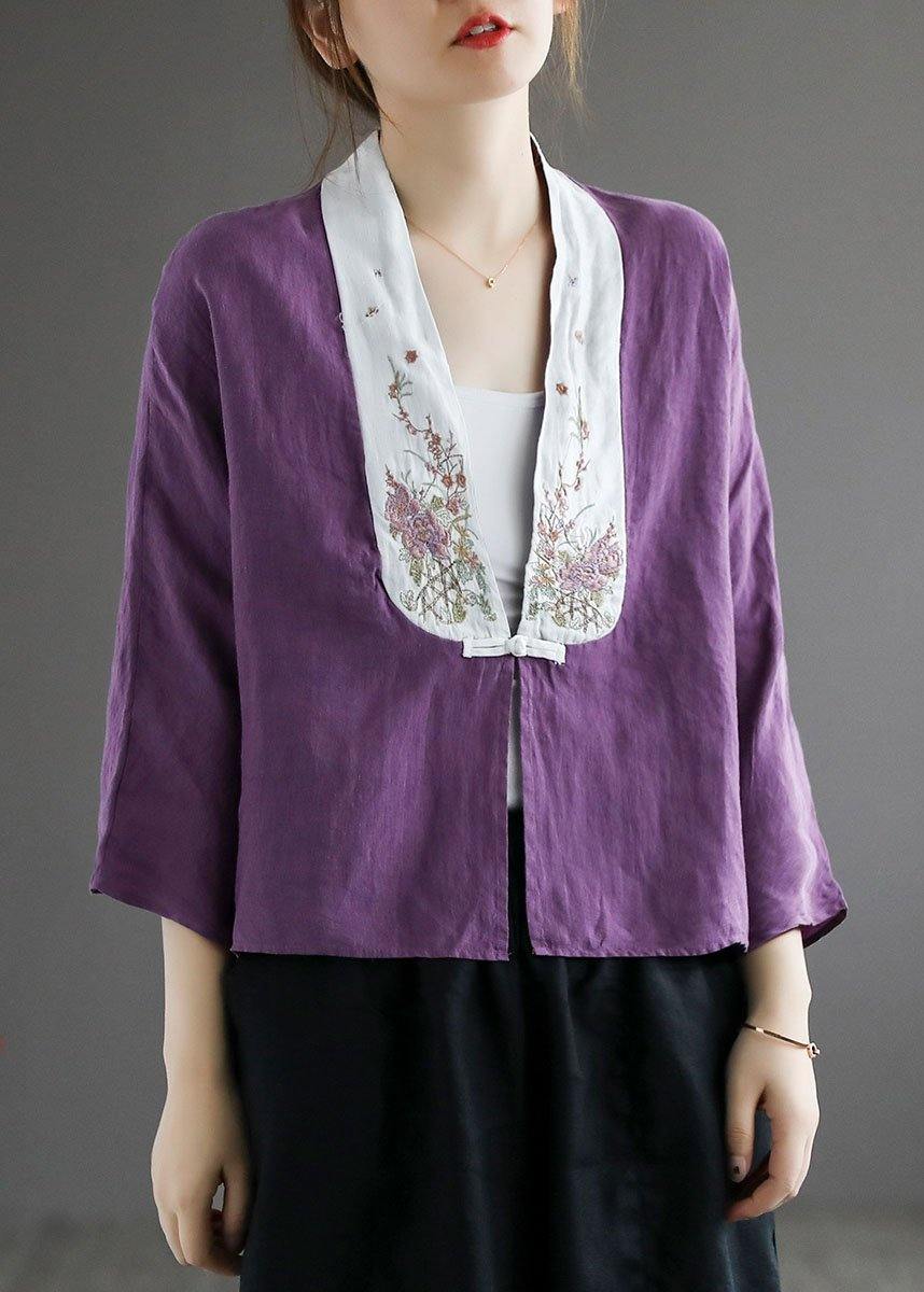 Fashion Purple Retro Embroideried Patchwork Summer Linen Blouse