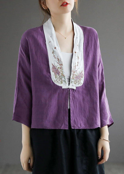 Fashion Purple Retro Embroideried Patchwork Summer Linen Blouse