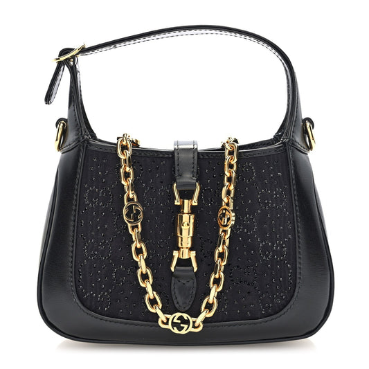 New Canvas Charisma Calfskin Crystal GG Monogram Mini Jackie 1961 Hobo Black