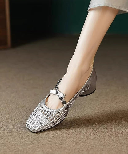 Women Splicing Chunky Shoes Black Faux Leather Hollow Out