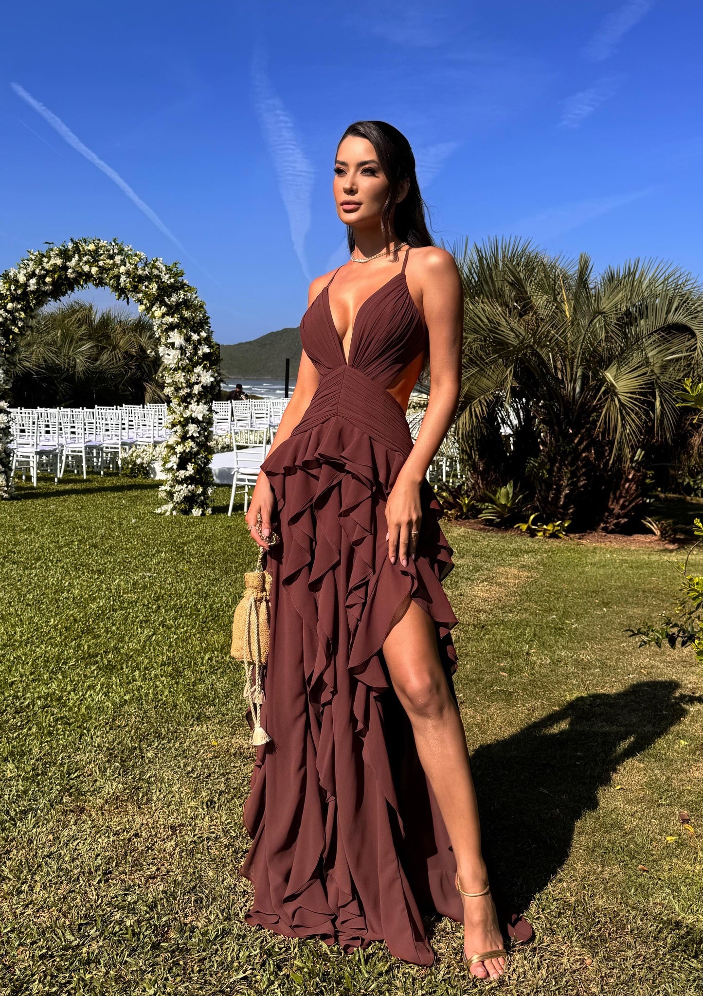 Sexy Deep V Backless Waist Trimming Stringy Selvedge Dress