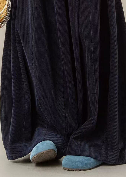 Casual Navy Solid High Waist Corduroy Wide Leg Pants
