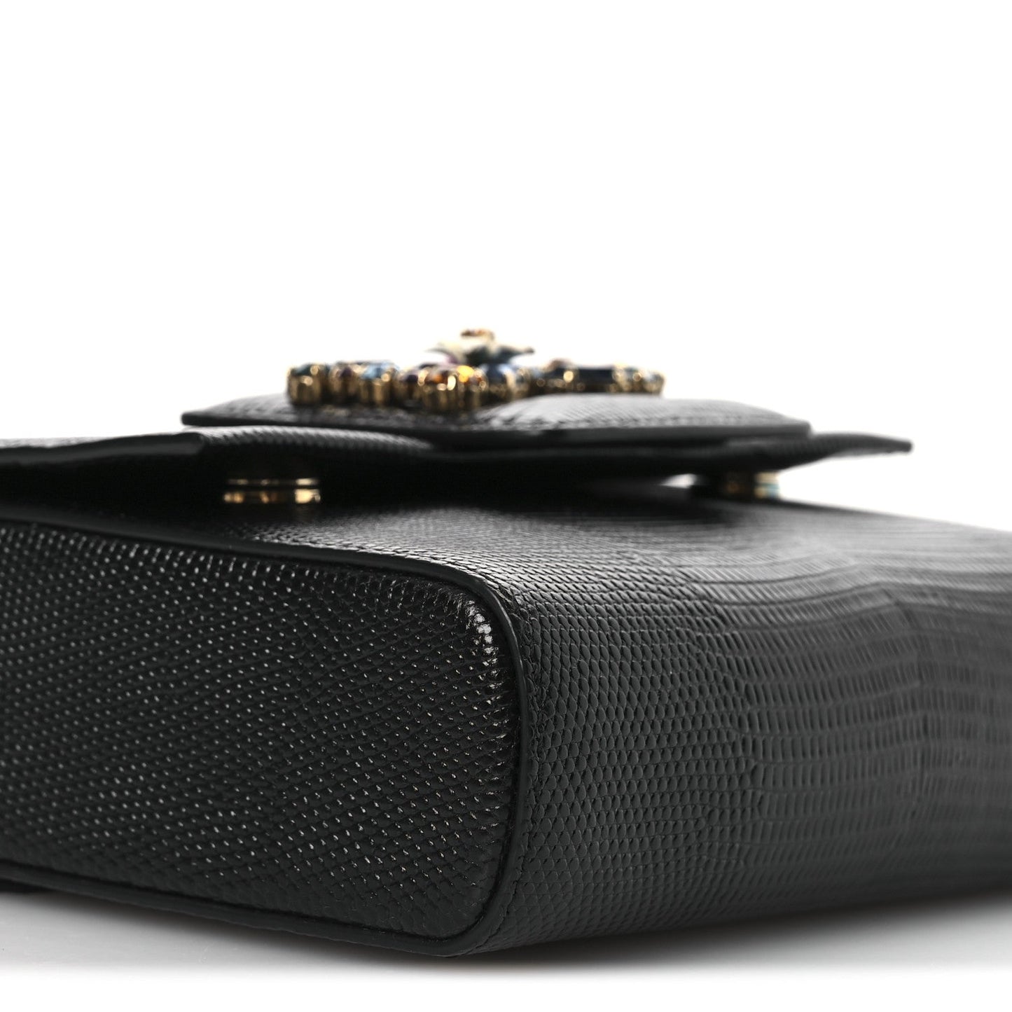 Lizard Embossed Crystal Embellished DG Millennials Mini Crossbody Bag Black
