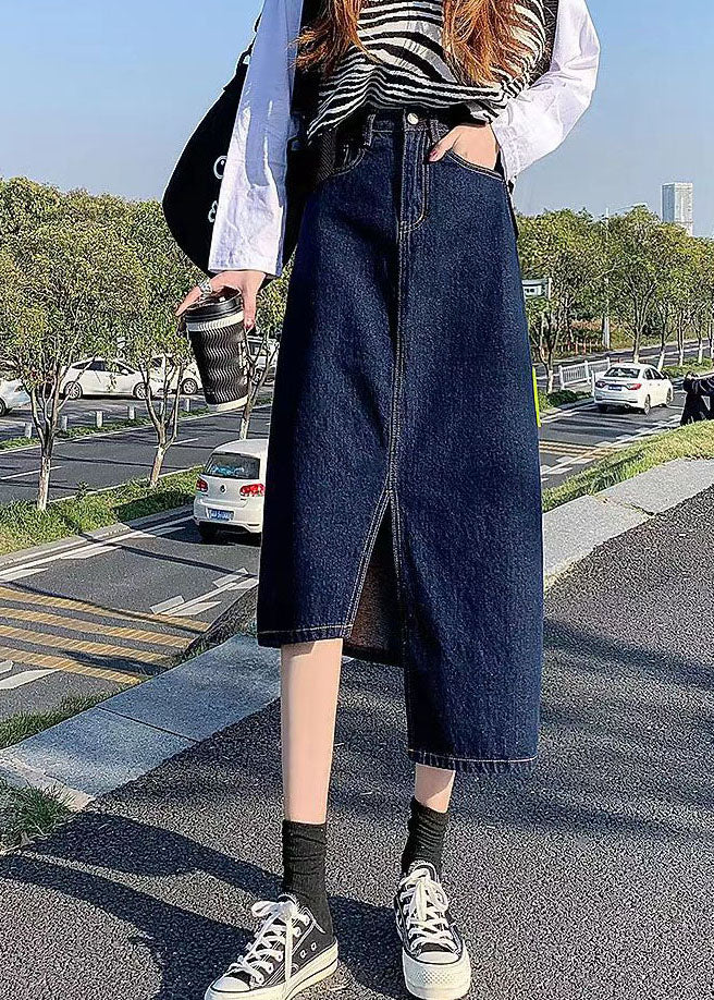 Elegant Navy Side Open Asymmetrical Pocket Cotton Denim Wraped Skirts Cozy