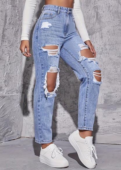 Chic Blue Hole Pockets High Waist Denim Crop Pants Summer