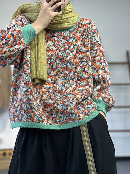 Floral Knit Casual Thick Warm Crew Neck Sweater