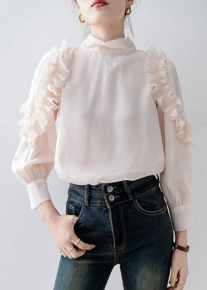 Beautiful Apricot Stand Collar Ruffled Chiffon Top Spring