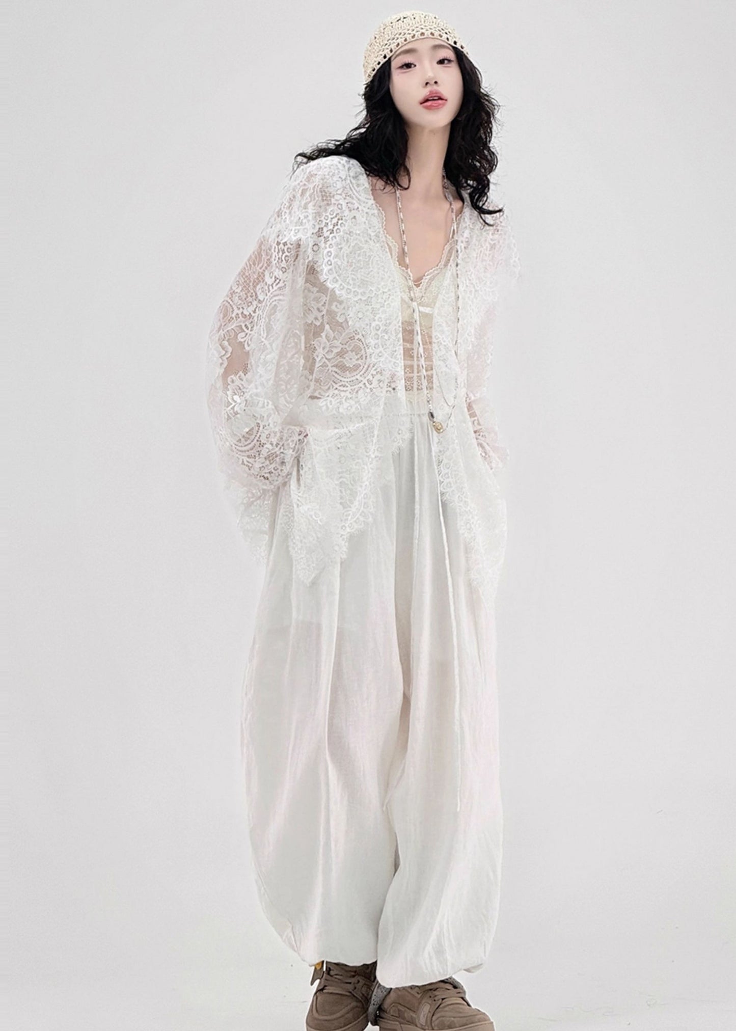 Women White Oversized Hollow Out Lace UPF 50+ Cardigan Spring