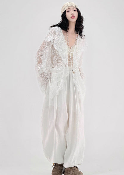 Women White Oversized Hollow Out Lace UPF 50+ Cardigan Spring