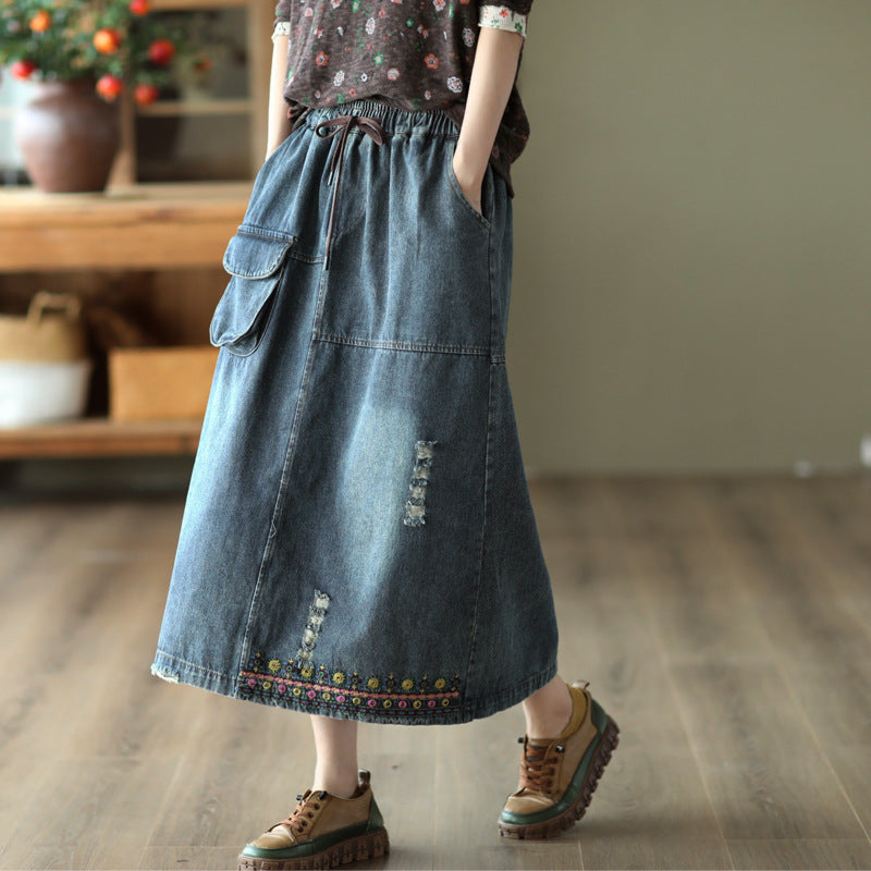 Vintage Embroidered Ripped Denim Slim A-Line Skirt