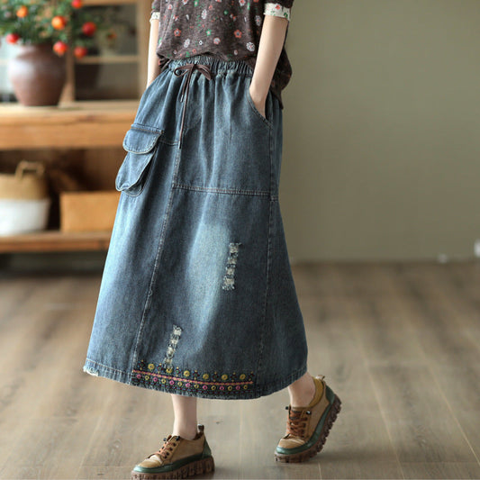 Vintage Embroidered Ripped Denim Slim A-Line Skirt