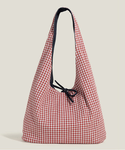 Boho Red Plaid Patchwork Large Capacity Canvas Satchel Handbag