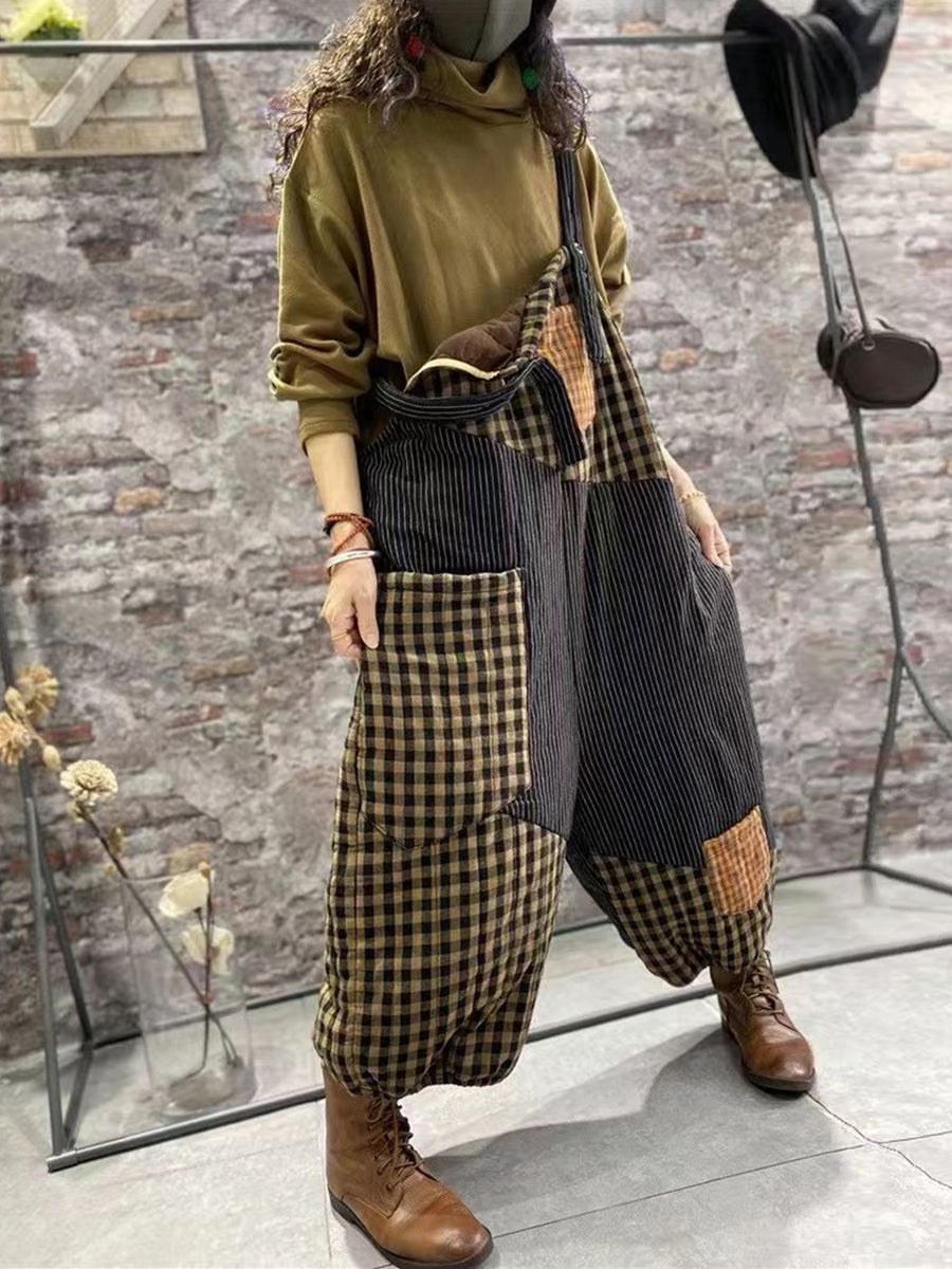 Women Plaid Thick Baggy Vintage Overalls Jumpsuit