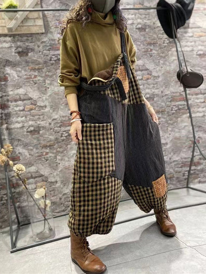 Women Plaid Thick Baggy Vintage Overalls Jumpsuit