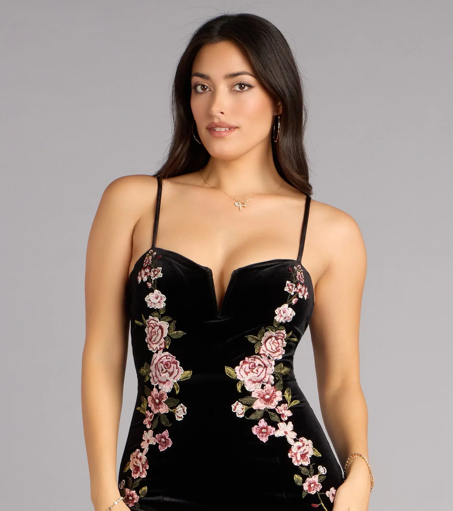Mira Velvet Floral Appliqué Formal Dress