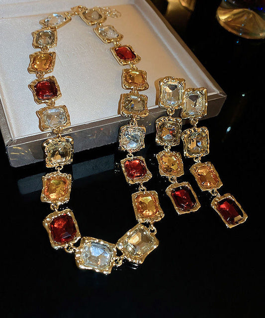 Boho Gold Alloy Gem Stone Necklace And Drop Earrings Two-Piece Set