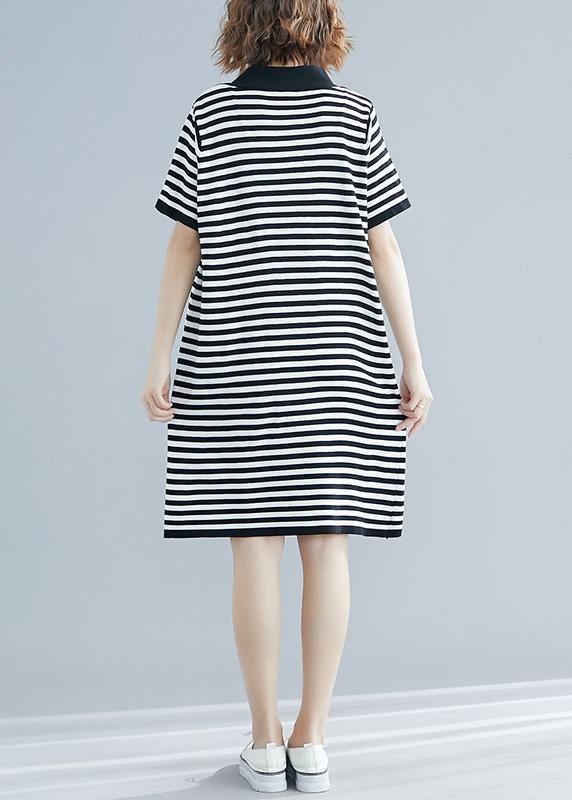 Beautiful Black White Narrow Striped Short Sleeve Summer Cotton Dress