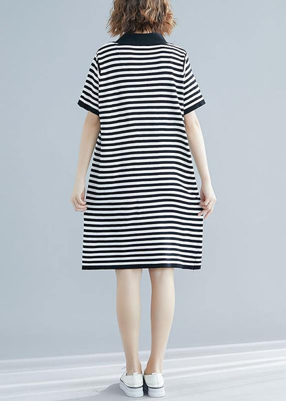 Beautiful Black White Narrow Striped Short Sleeve Summer Cotton Dress