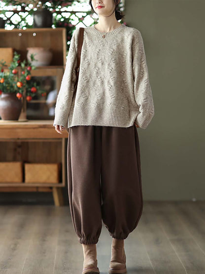 Women Winter Vintage Knitted Solid Warm Loose Sweater