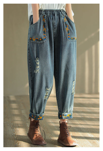 Vintage Ripped Embroidered Denim Harem Pants