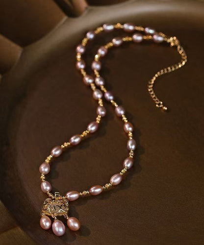 Fashion Light Purple Sterling Silver Overgild Pearl Safe Lock Pendant Necklace