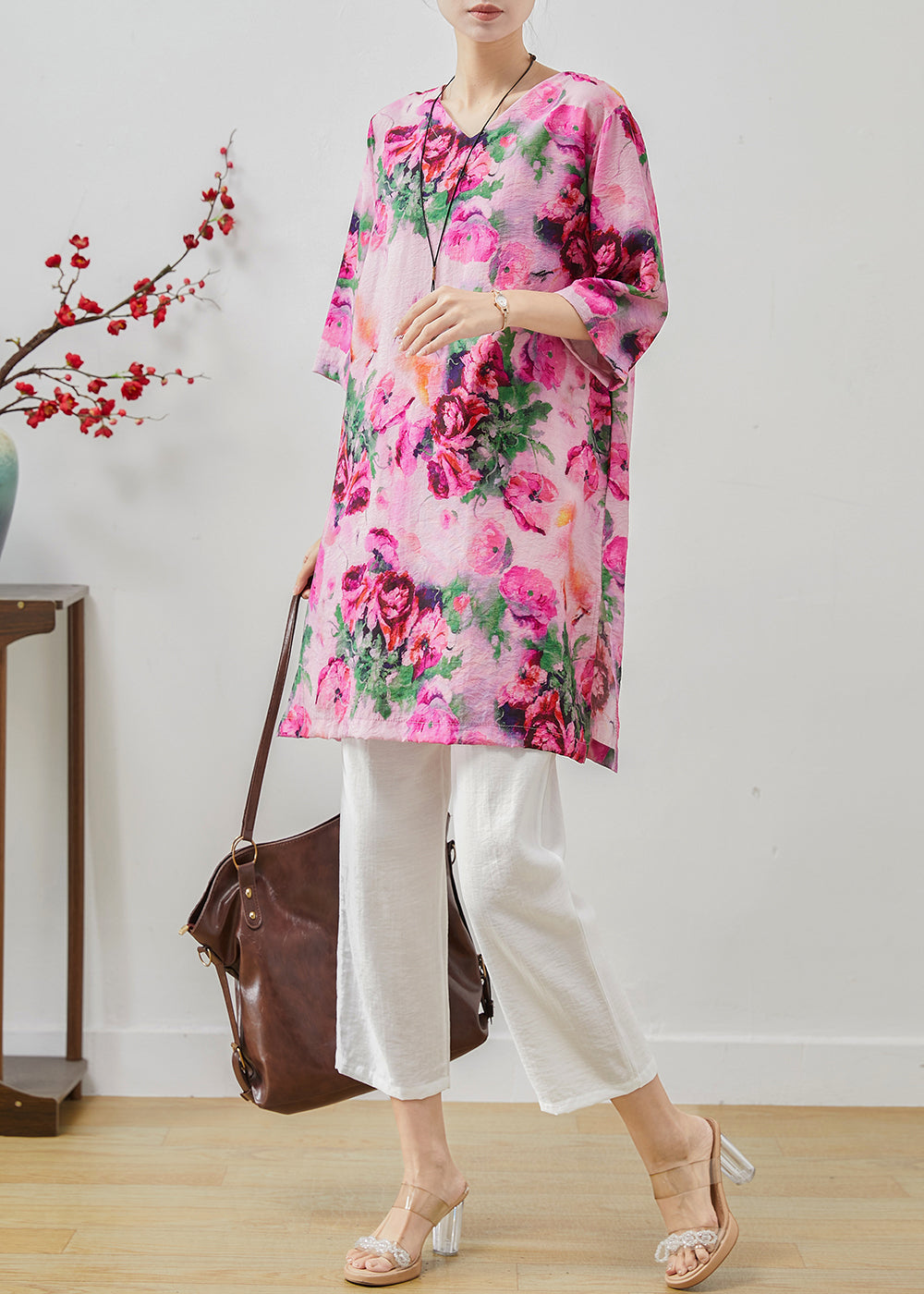 Casual Rose Oversized Print Linen Two Pieces Set Summer