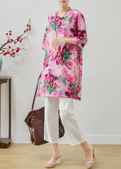 Casual Rose Oversized Print Linen Two Pieces Set Summer