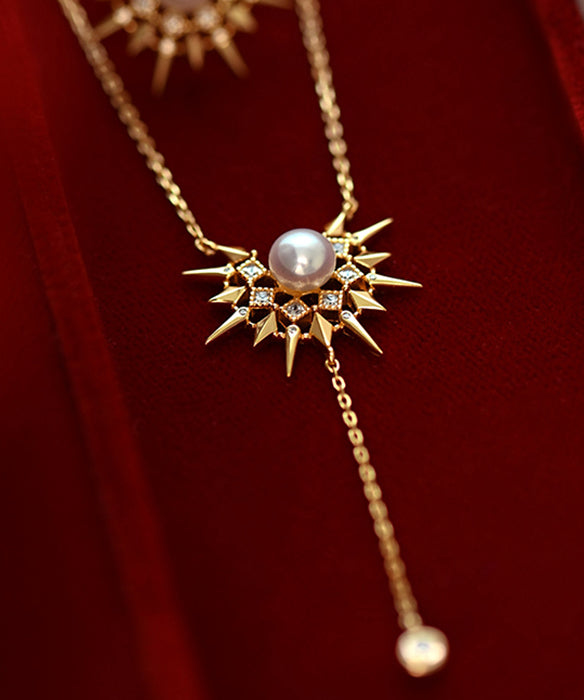 Chic Little Sun Pearl Adjustable Gold Plated Pendant Necklace