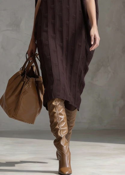 Vintage Coffee O Neck Oversized Silk Cotton Dress Batwing Sleeve