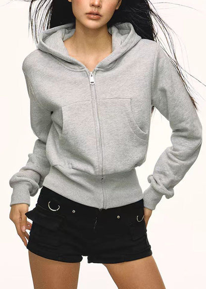 Women Grey Zip Up Pockets Casual Cotton Hoodies Outwear Fall