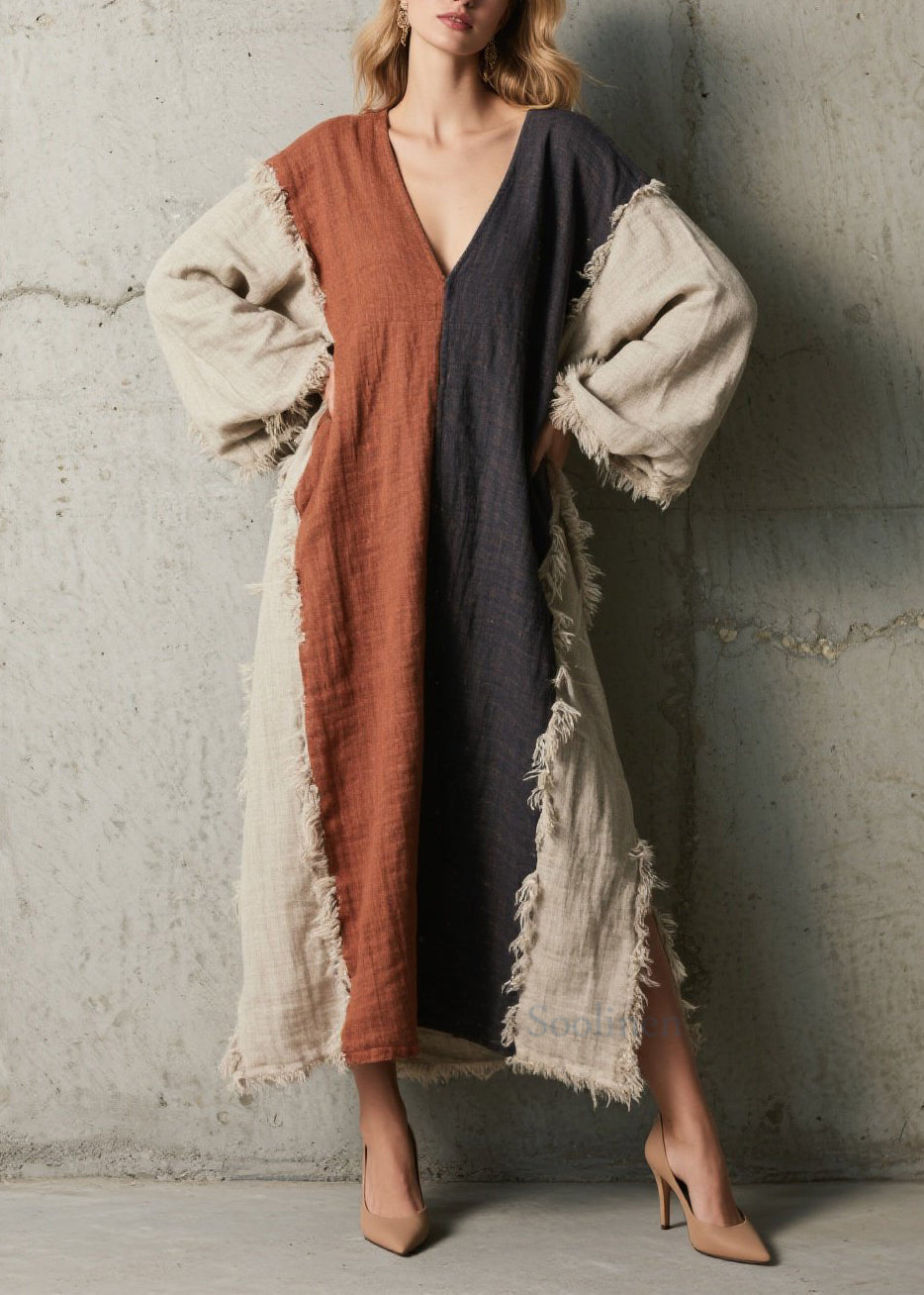 Plus Size Colorblock V Neck Tassel Patchwork Cotton Dress Fall