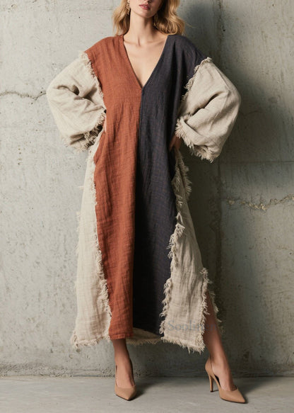 Plus Size Colorblock V Neck Tassel Patchwork Cotton Dress Fall